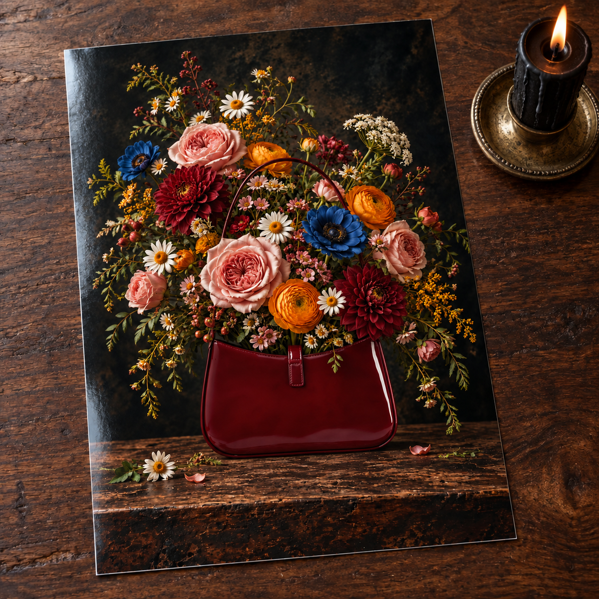 Bag of Blooms — unframed glossy photo card on a wooden table beside a gothic candle