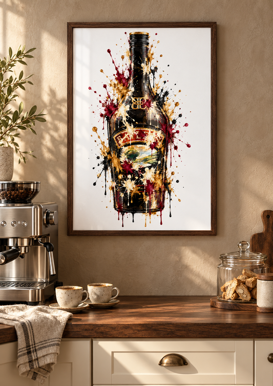 Baileys splatter print framed on a kitchen wall