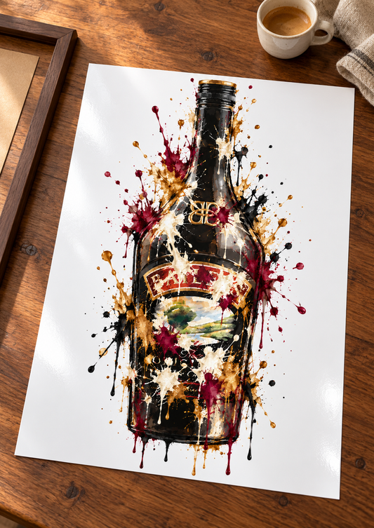 Baileys splatter print unframed on glossy photo card, ready to frame