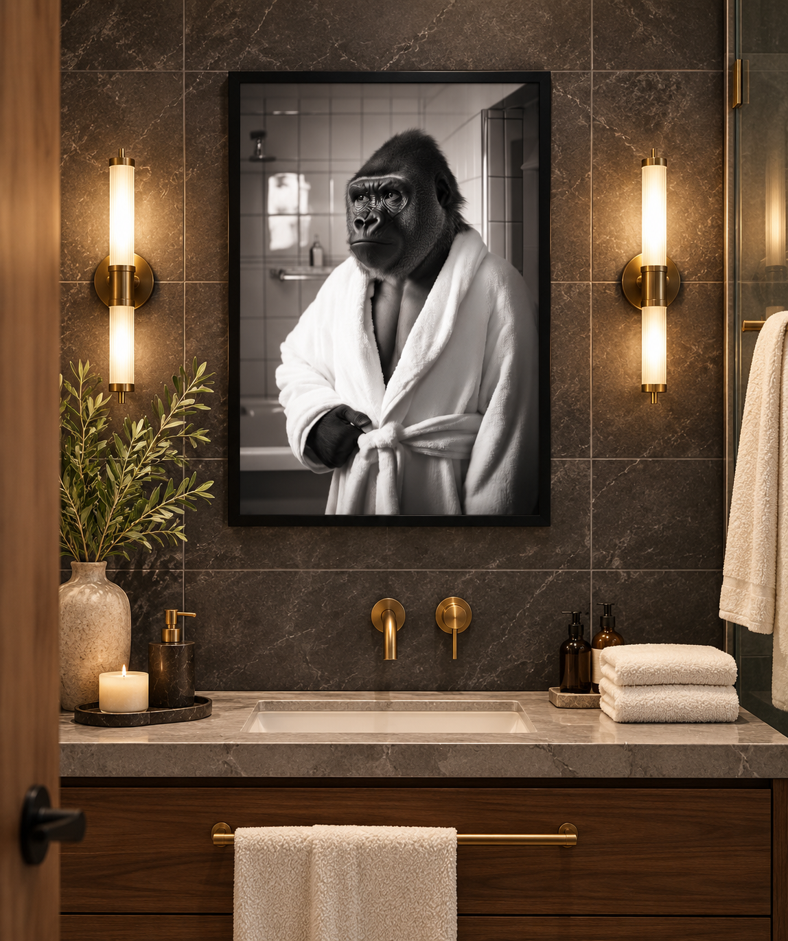 Gorilla in bathrobe print in a luxury bathroom