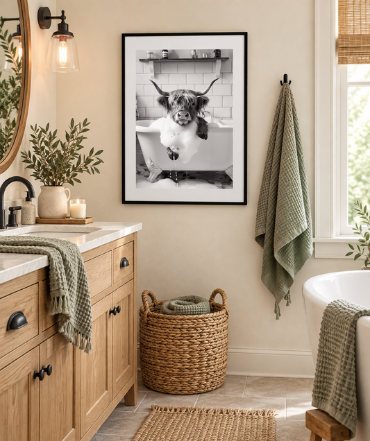 Highland cow bathtub print in a farmhouse bathroom