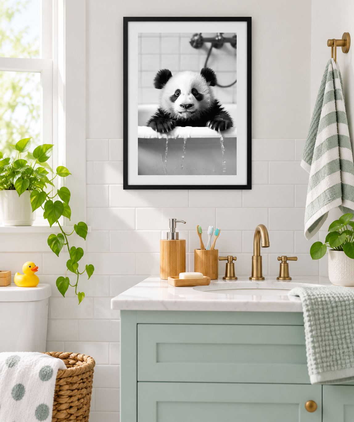 Panda bathtub print in a bright family bathroom