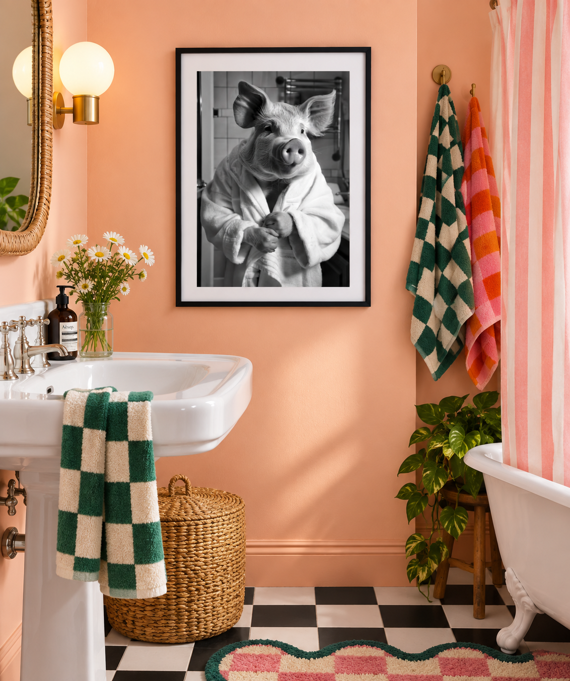 Pig in bathrobe print in a colourful pink bathroom