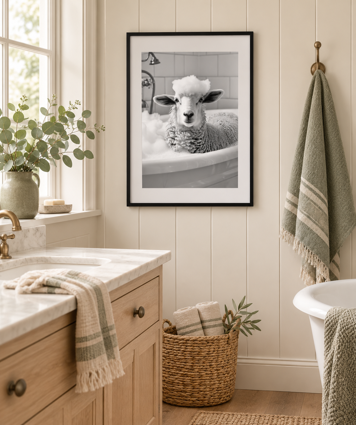 Sheep bathtub print in a country bathroom