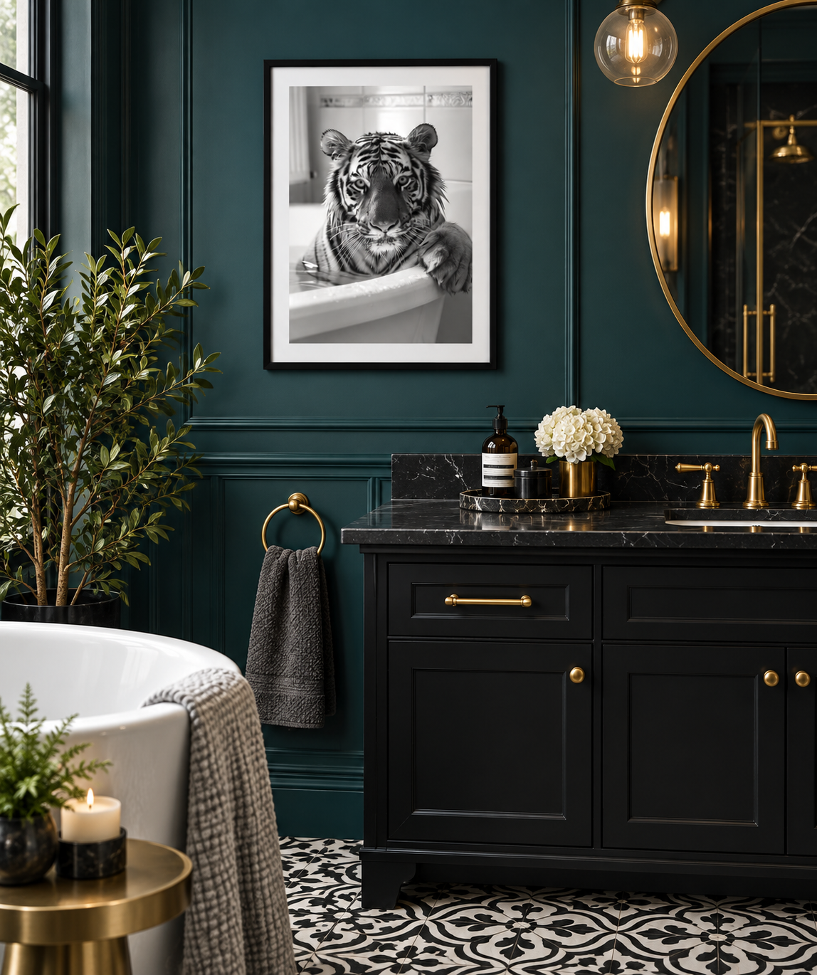 Tiger bathtub print in a dark teal bathroom
