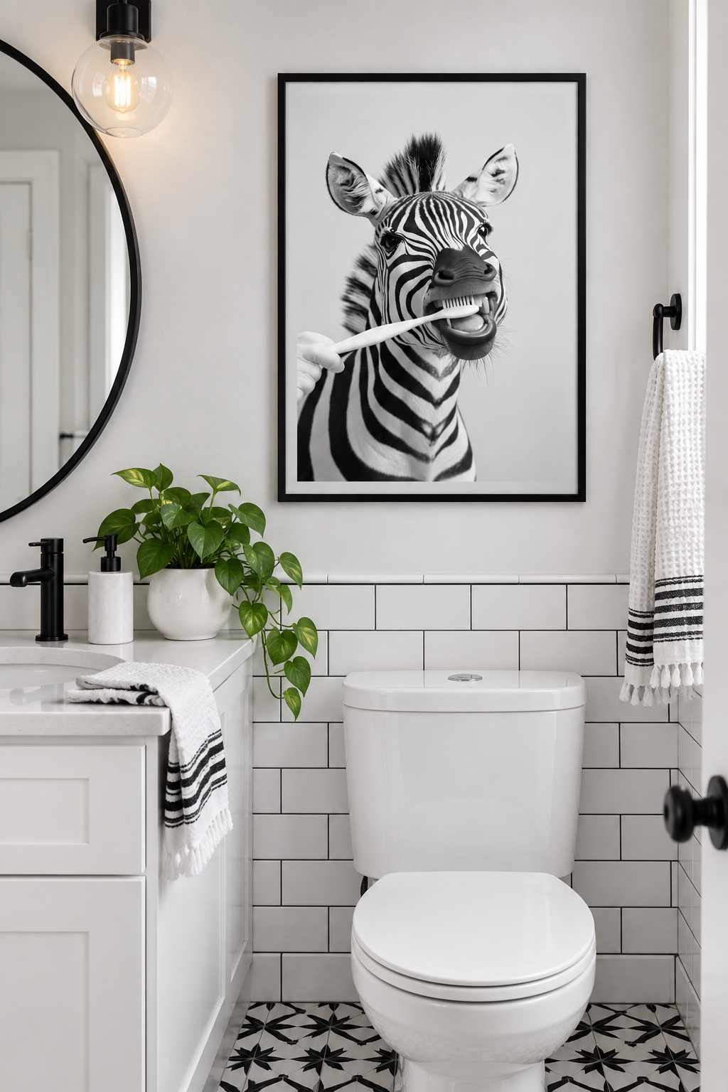 Zebra brushing teeth print in a monochrome bathroom