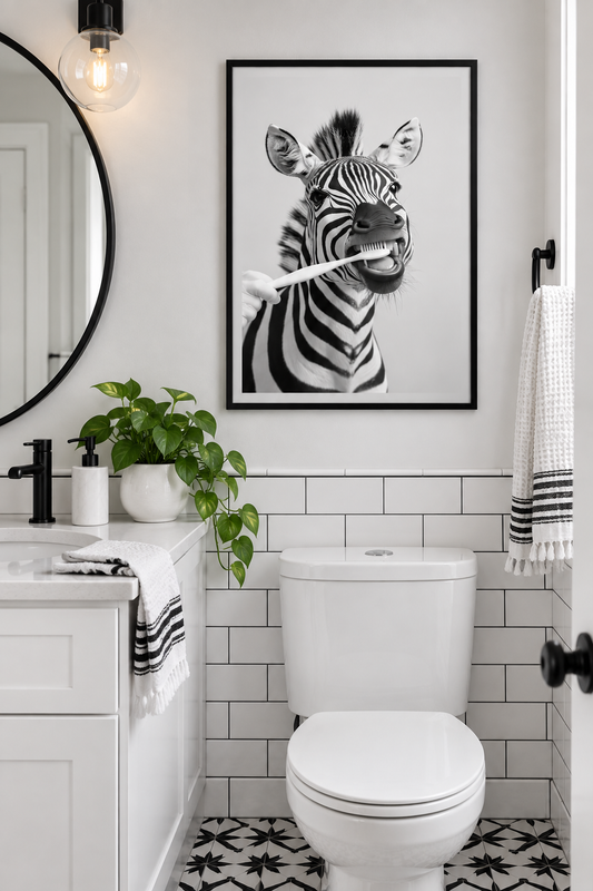 Zebra brushing teeth print in a monochrome bathroom