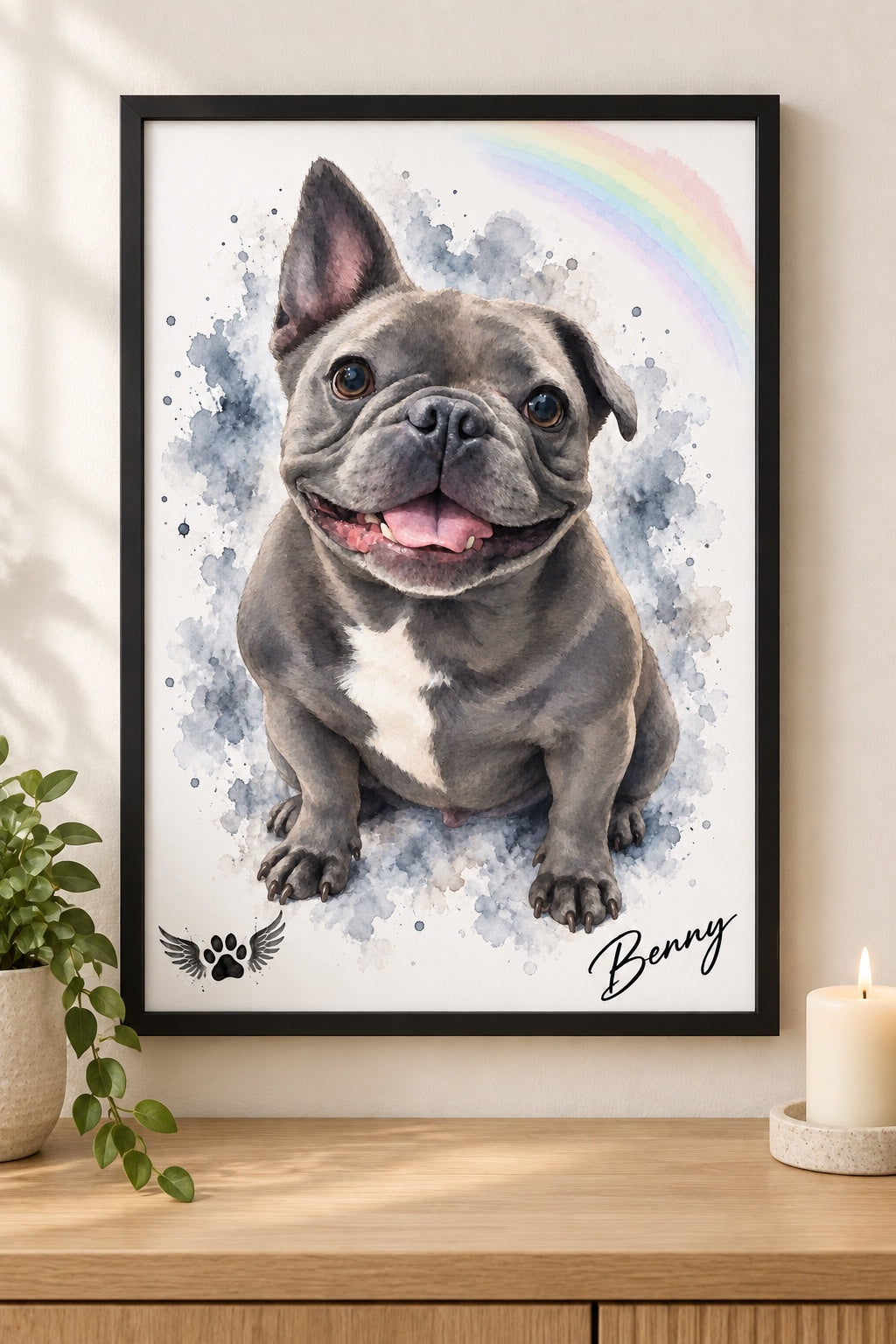 Benny personalised watercolour pet memorial print in a black frame