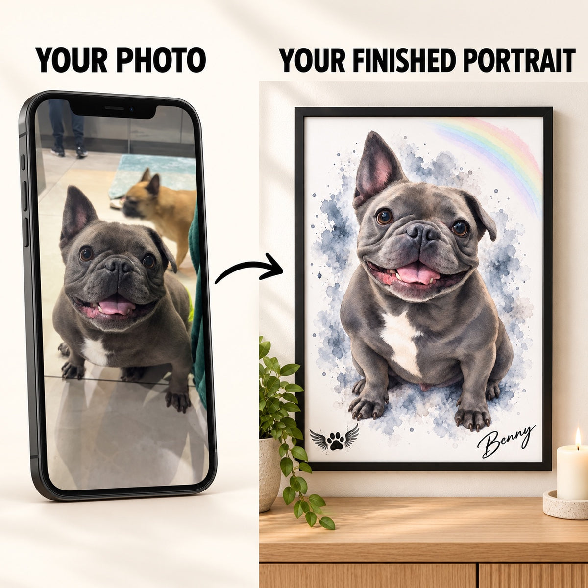 Benny customer photo transformed into a framed personalised pet memorial portrait
