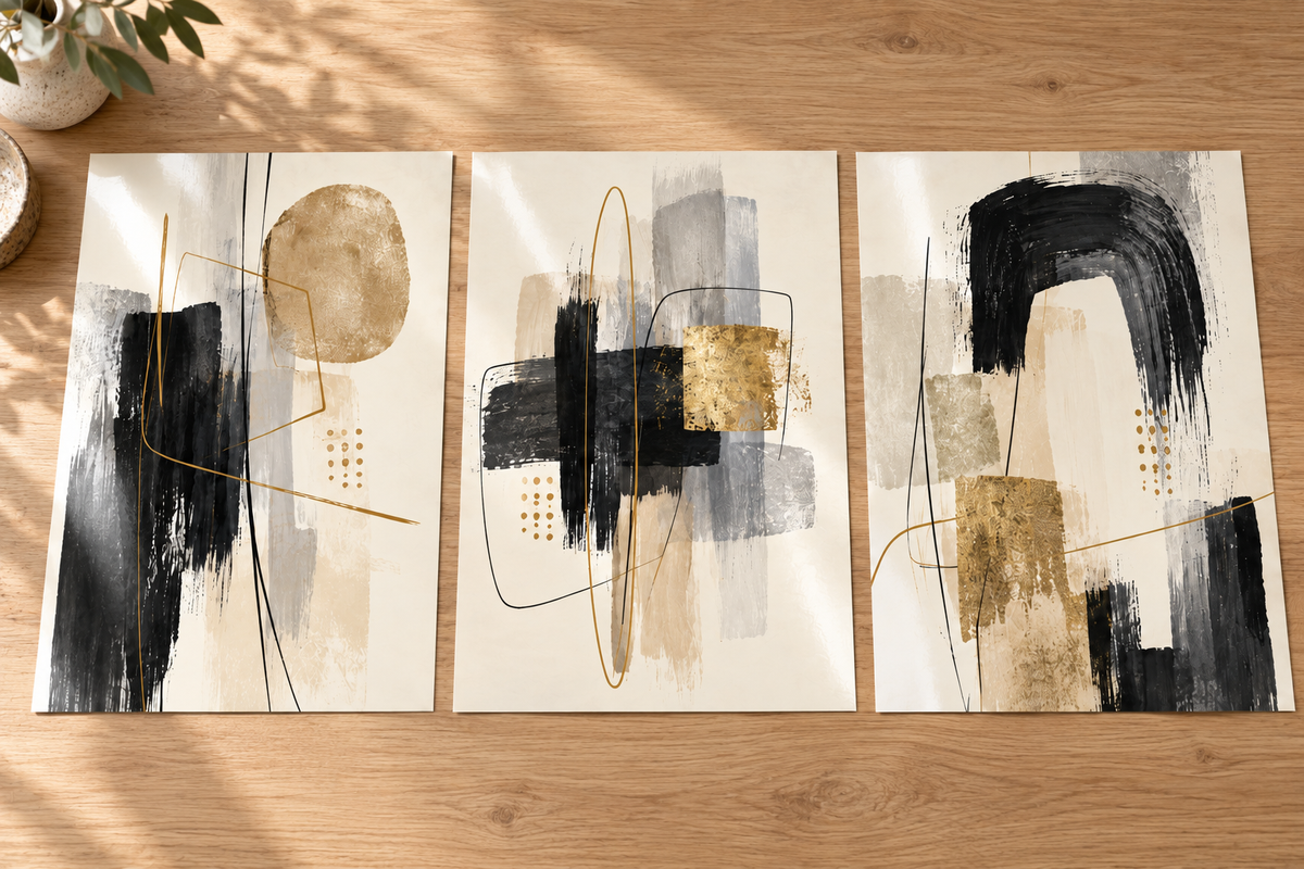 Set of three unframed black cream and gold abstract prints on an oak table