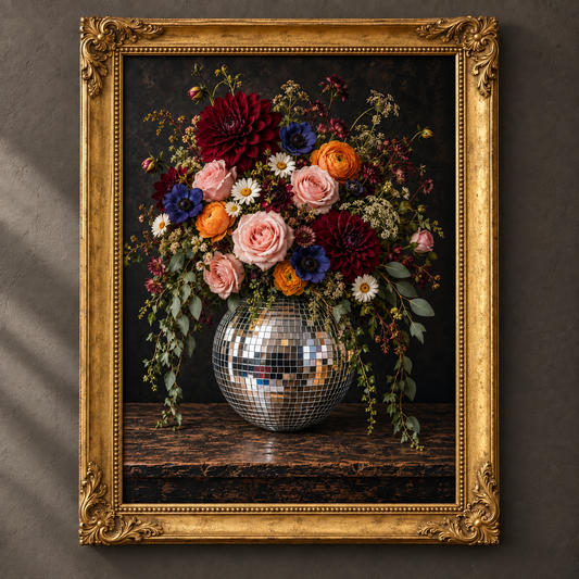 Bloom Boogie botanical art print in an ornate vintage gold frame