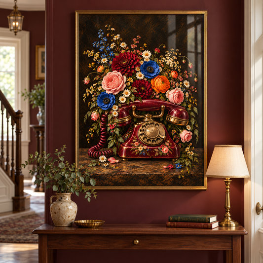 Bloom Calling floral art print — framed in a home setting; frame not included