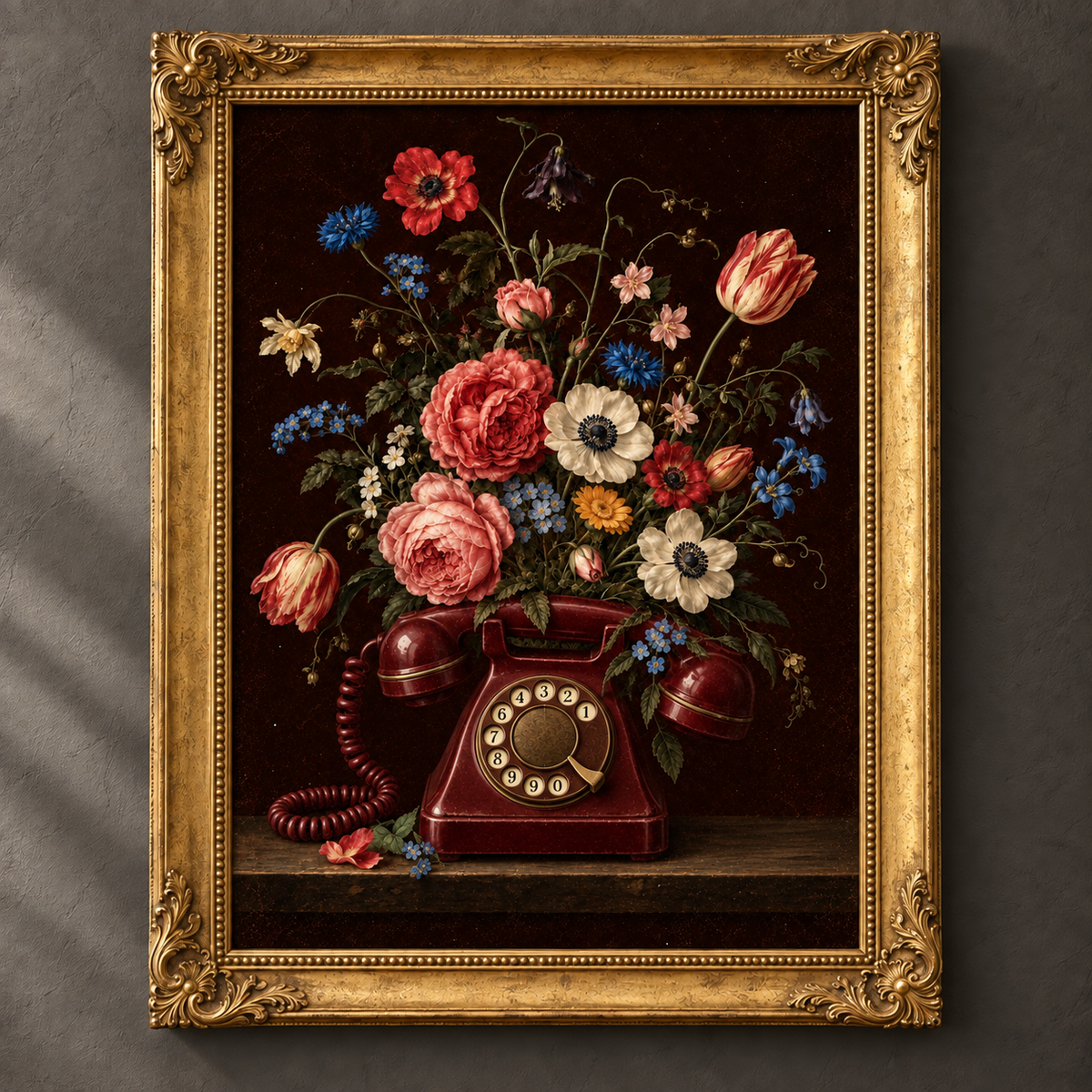 Bloom Calling botanical art print in an ornate vintage gold frame
