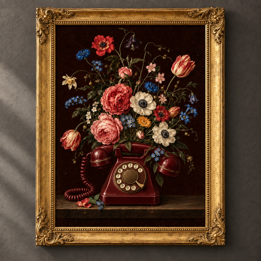 Bloom Calling botanical art print in an ornate vintage gold frame