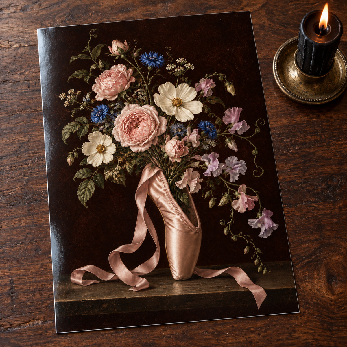 Bloom on Pointe — unframed glossy photo card on a wooden table beside a gothic candle