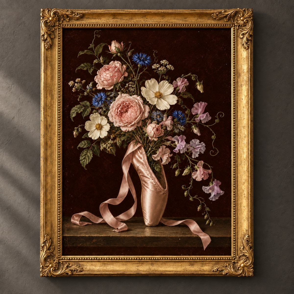 Bloom on Pointe botanical art print in an ornate vintage gold frame