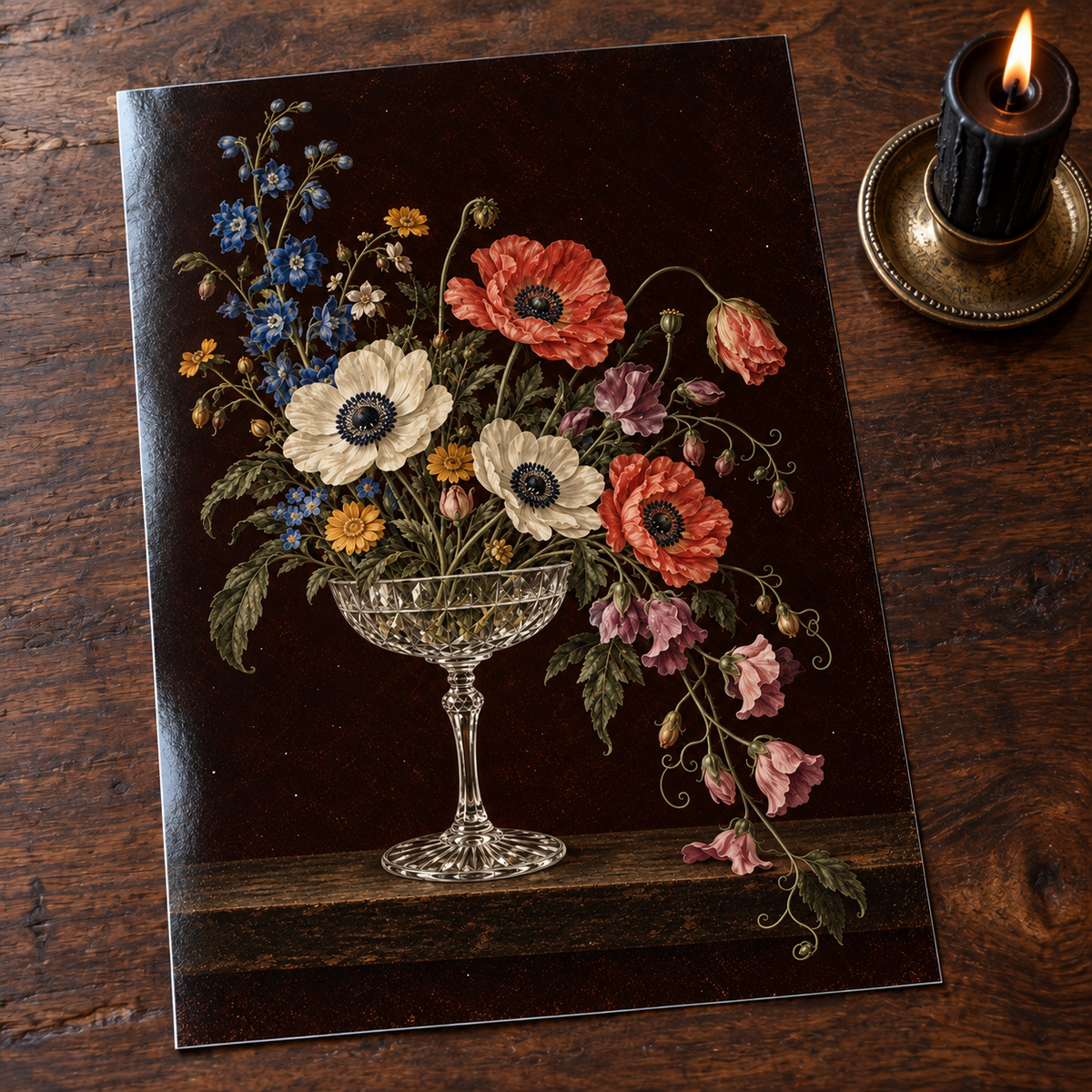 Bloom on the Rocks — unframed glossy photo card on a wooden table beside a gothic candle