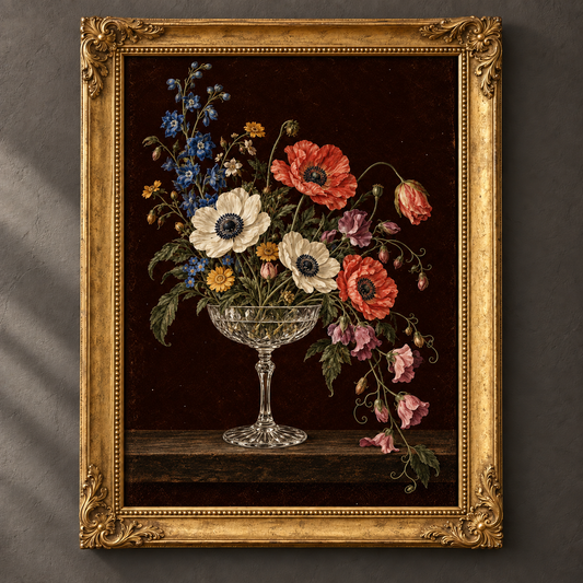 Bloom on the Rocks botanical art print in an ornate vintage gold frame