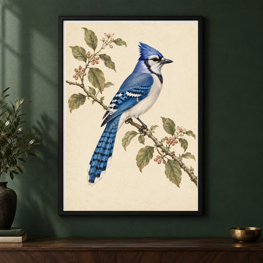 Blue Belle – Vintage Blue Jay Bird Print framed on a dark wall