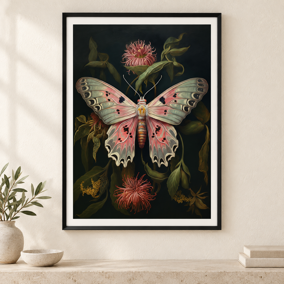 Blush Moth Botanical print in a correctly proportioned slim black A-series frame