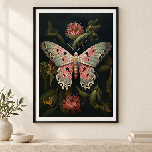 Blush Moth Botanical print in a correctly proportioned slim black A-series frame