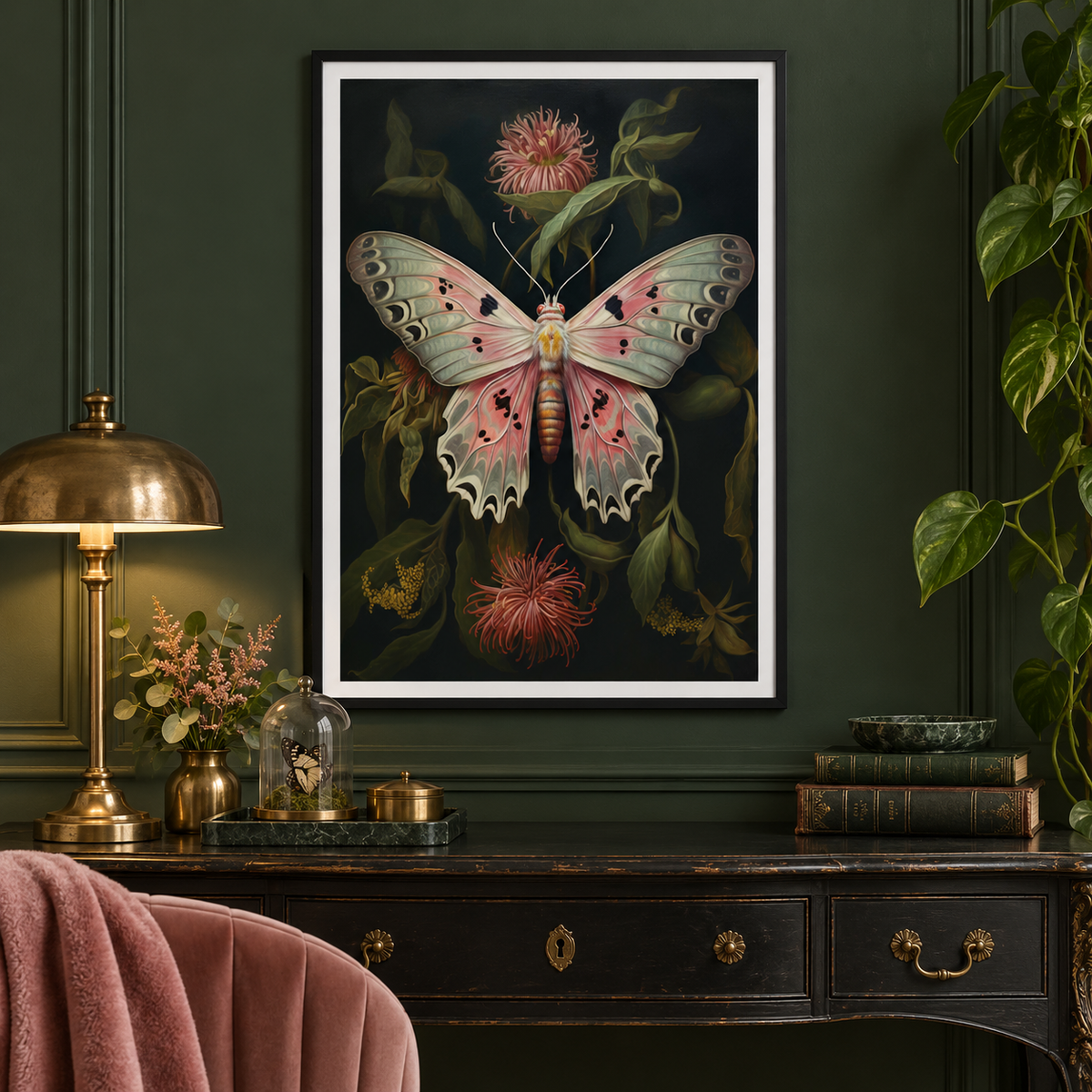 Blush Moth Botanical framed print in an elegant botanical interior
