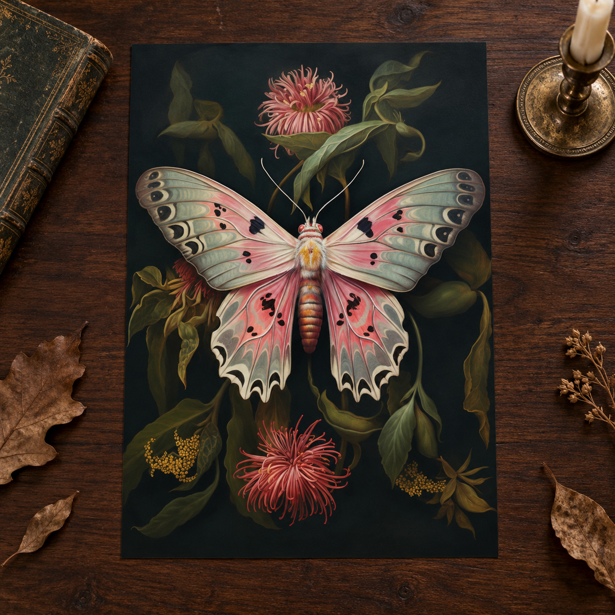 Blush Moth Botanical unframed A-series print on dark walnut