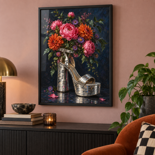 Boogie Blooms – Disco Platform Shoe Print — modern framed lifestyle mockup; frame not included
