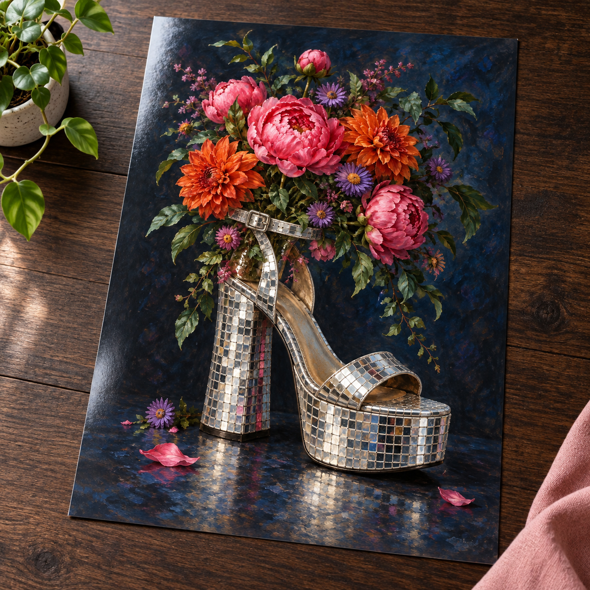 Boogie Blooms – Disco Platform Shoe Print — unframed glossy print on a wooden table