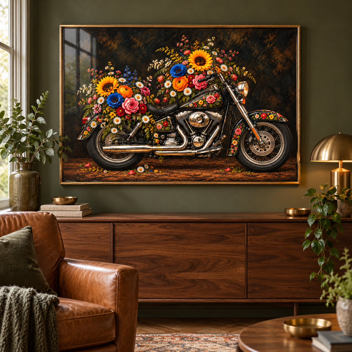 Born to Bloom floral motorbike print framed in a home setting; frame not included