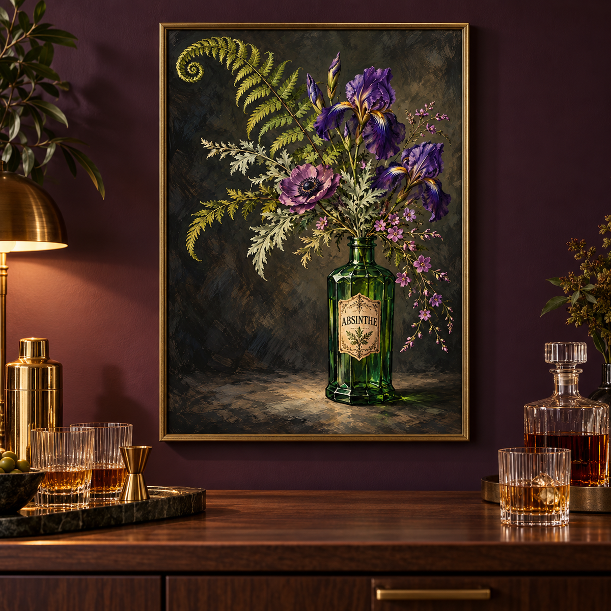 Botanical Absinthe Print displayed framed in a kitchen or bar