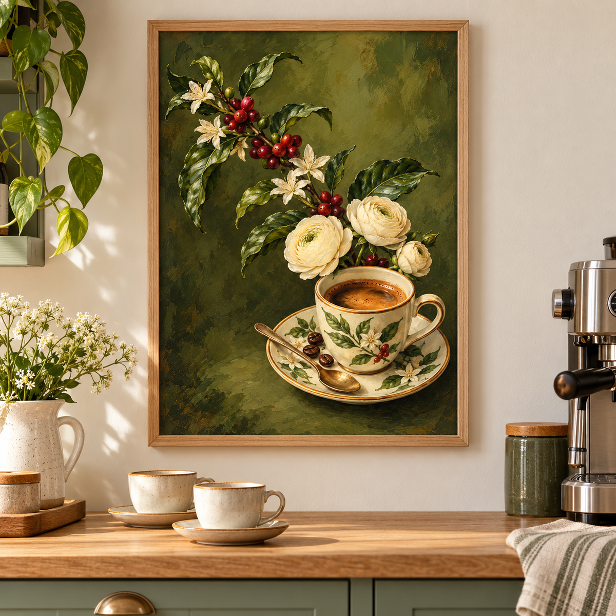 Botanical Espresso Cup Print displayed framed in a kitchen or bar
