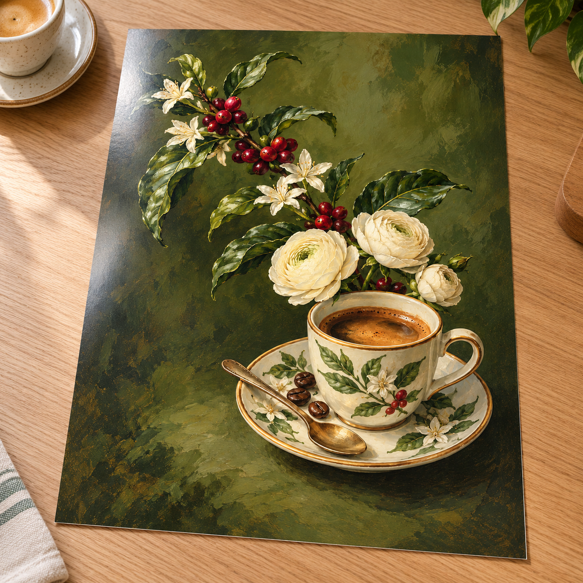 Botanical Espresso Cup Print shown unframed on glossy card
