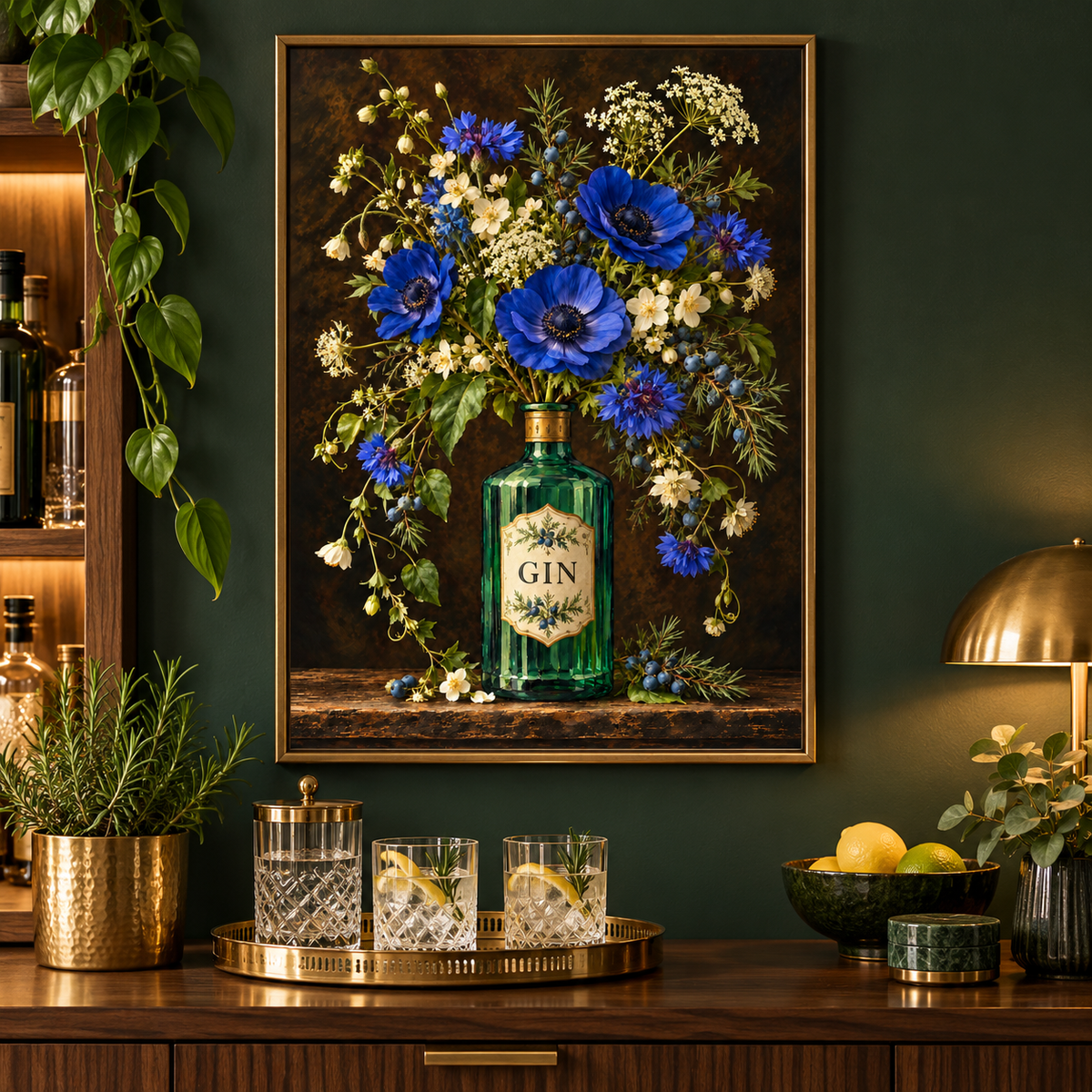 Botanical Gin Print displayed in a frame in a kitchen or bar