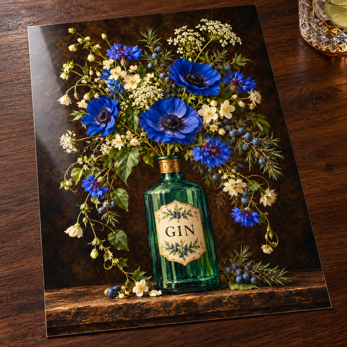 Botanical Gin Print shown unframed on glossy card