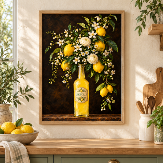 Botanical Limoncello Print displayed framed in a kitchen or bar