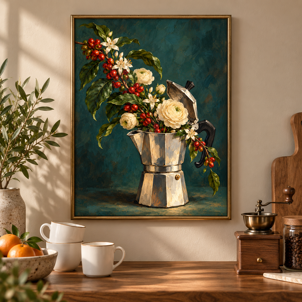 Botanical Moka Pot Print displayed framed in a kitchen or bar