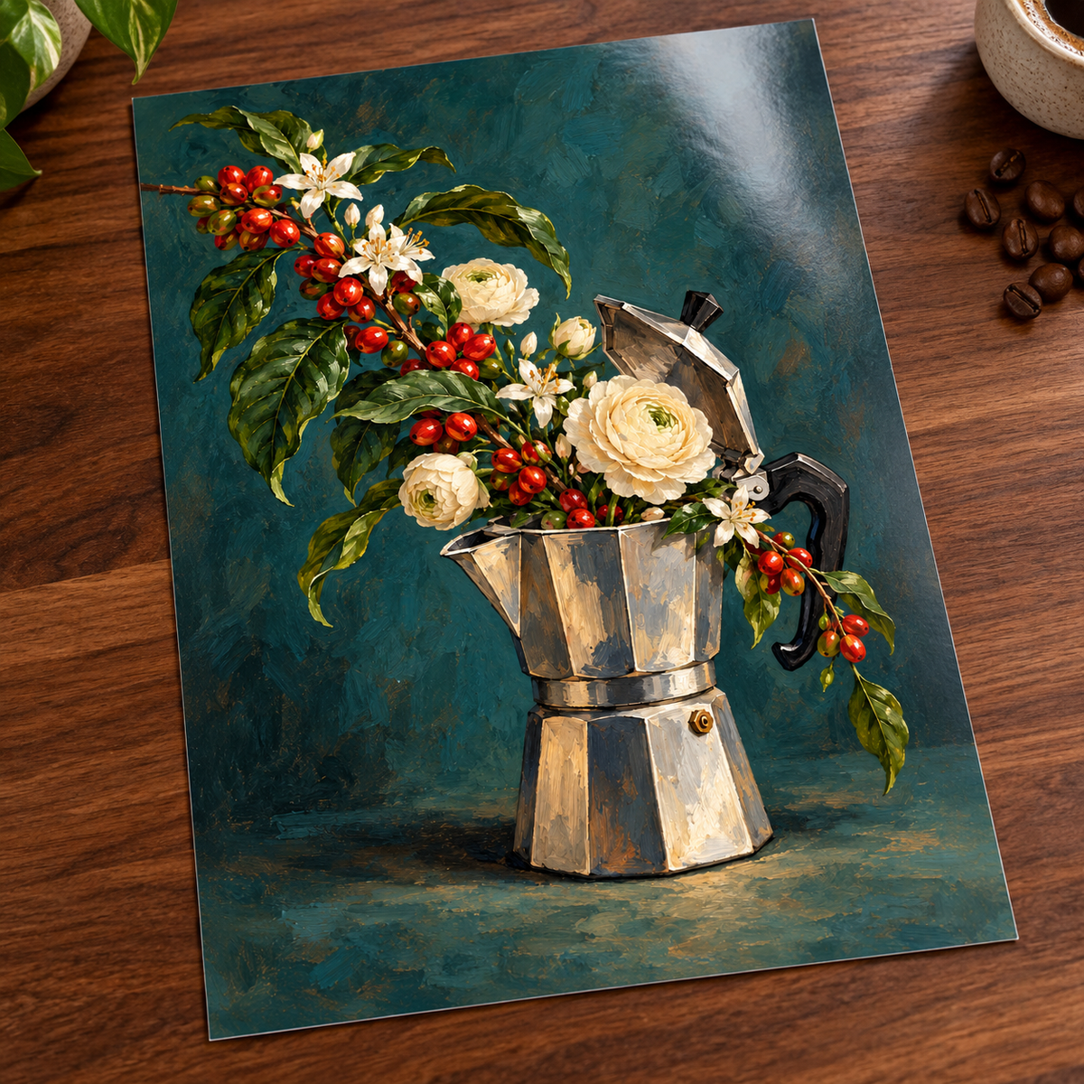 Botanical Moka Pot Print shown unframed on glossy card