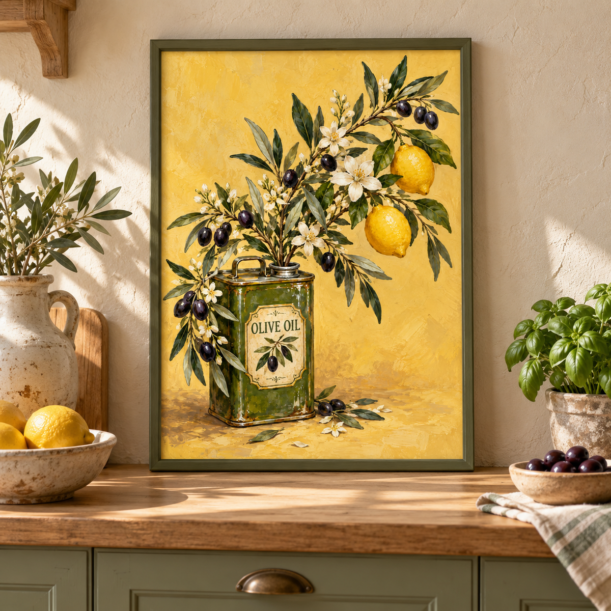 Botanical Olive Oil Tin Print displayed framed in a kitchen or bar