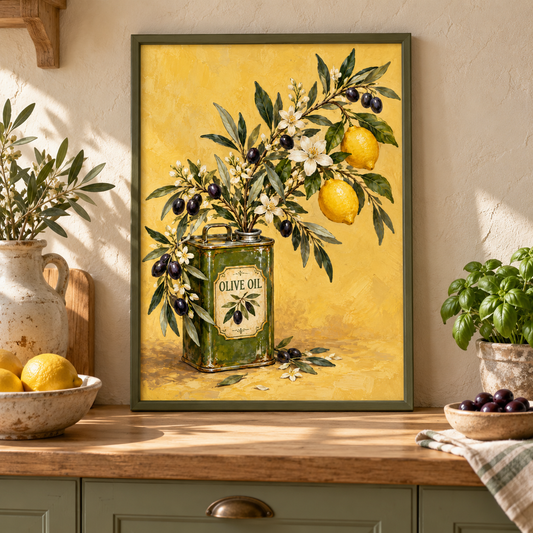 Botanical Olive Oil Tin Print displayed framed in a kitchen or bar