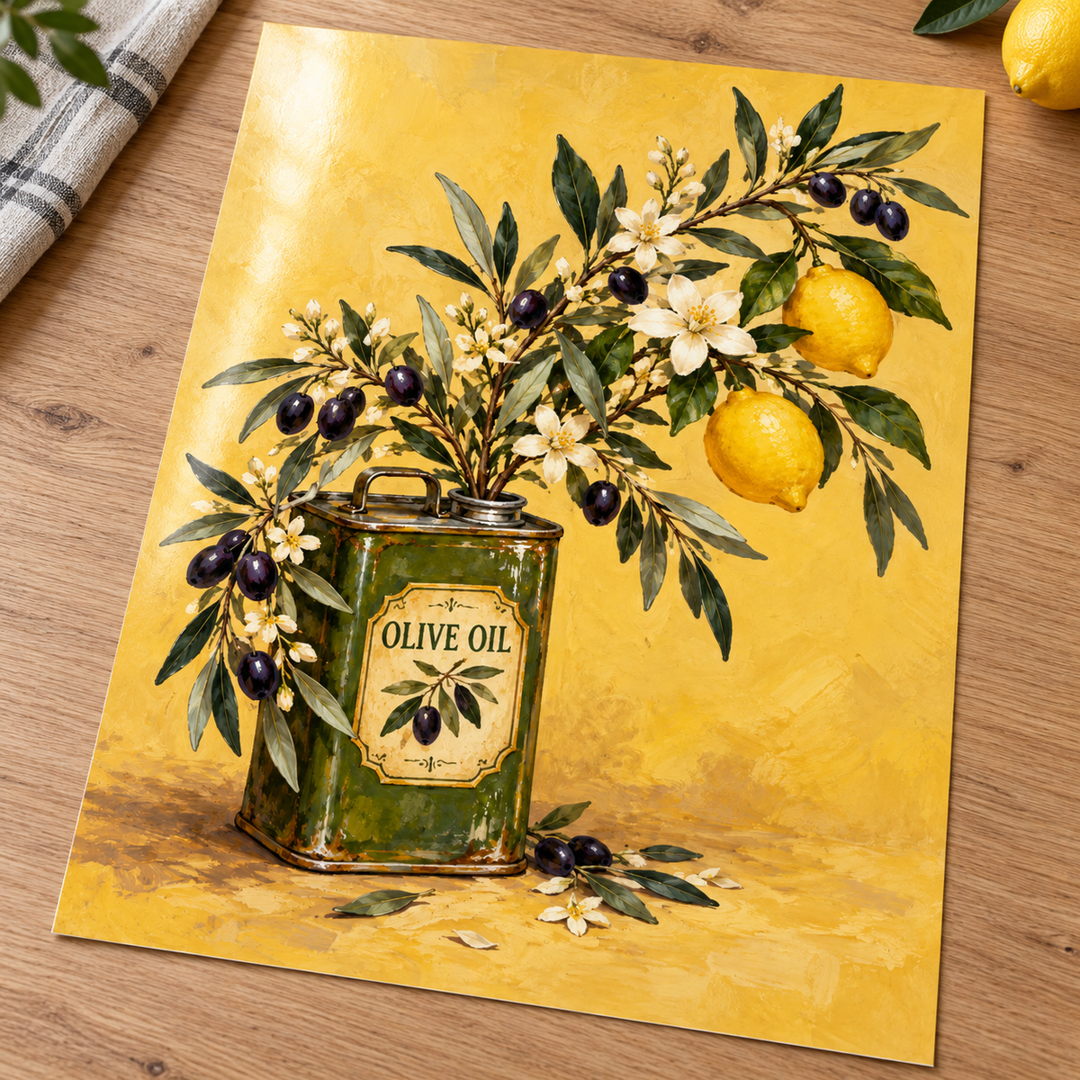 Botanical Olive Oil Tin Print shown unframed on glossy card