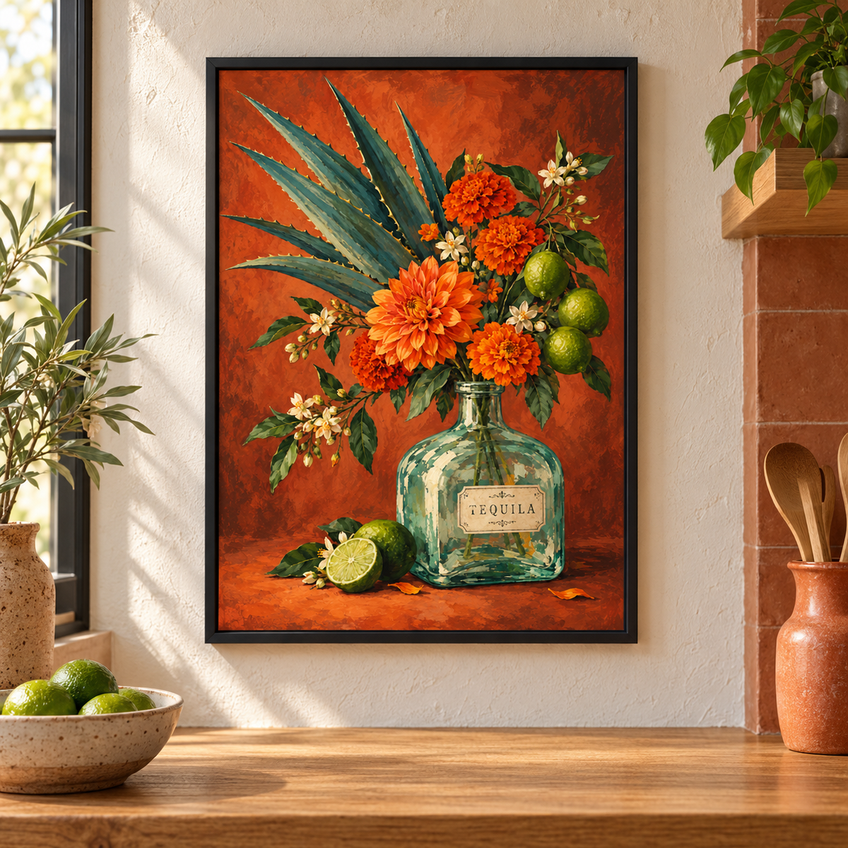 Botanical Tequila Print displayed framed in a kitchen or bar