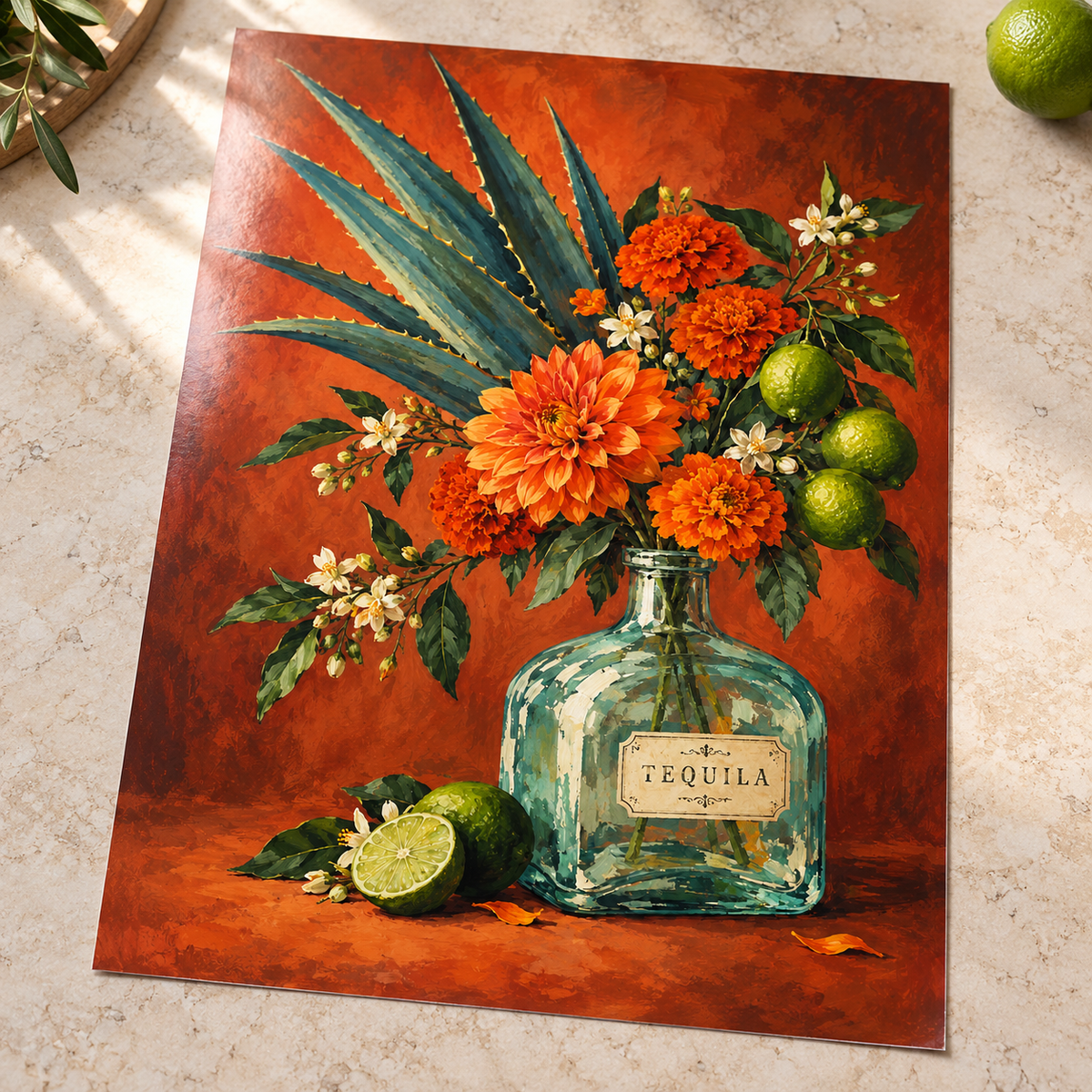 Botanical Tequila Print shown unframed on glossy card