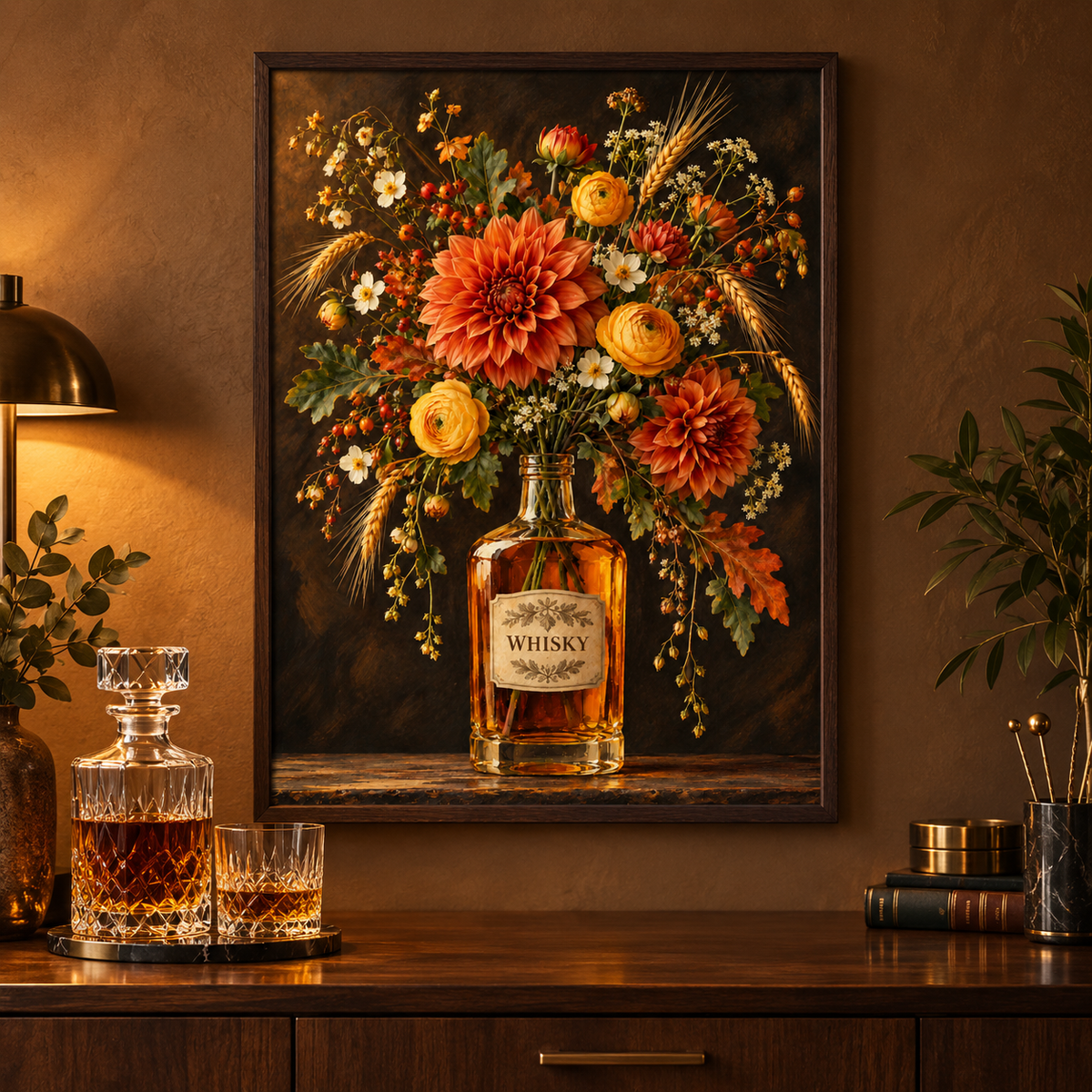 Botanical Whisky Print displayed framed in a kitchen or bar
