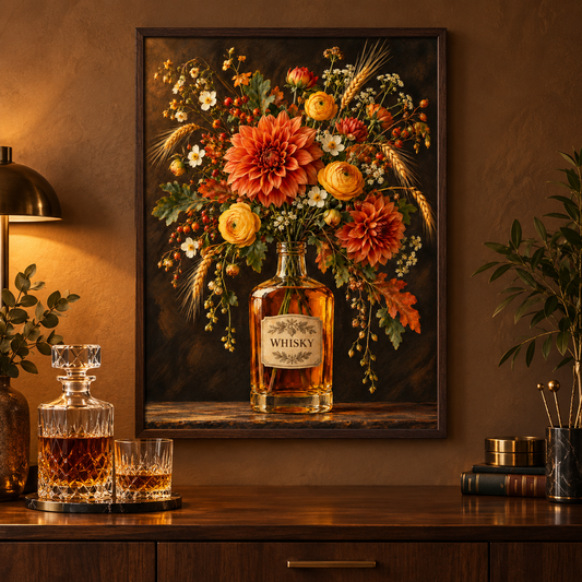 Botanical Whisky Print displayed framed in a kitchen or bar