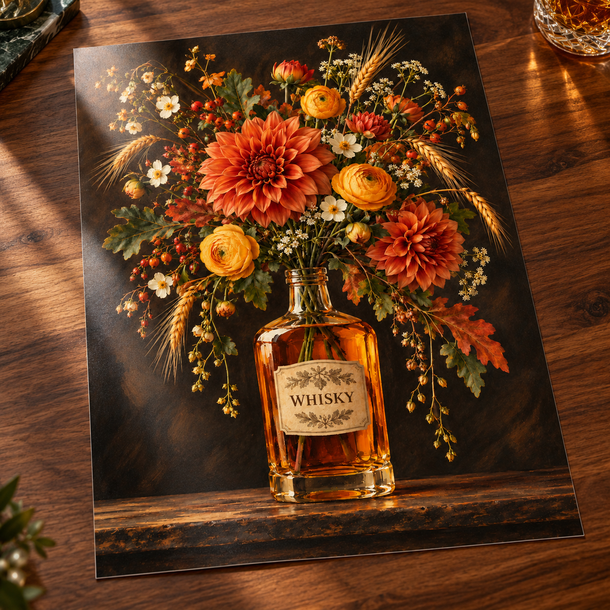 Botanical Whisky Print shown unframed on glossy card