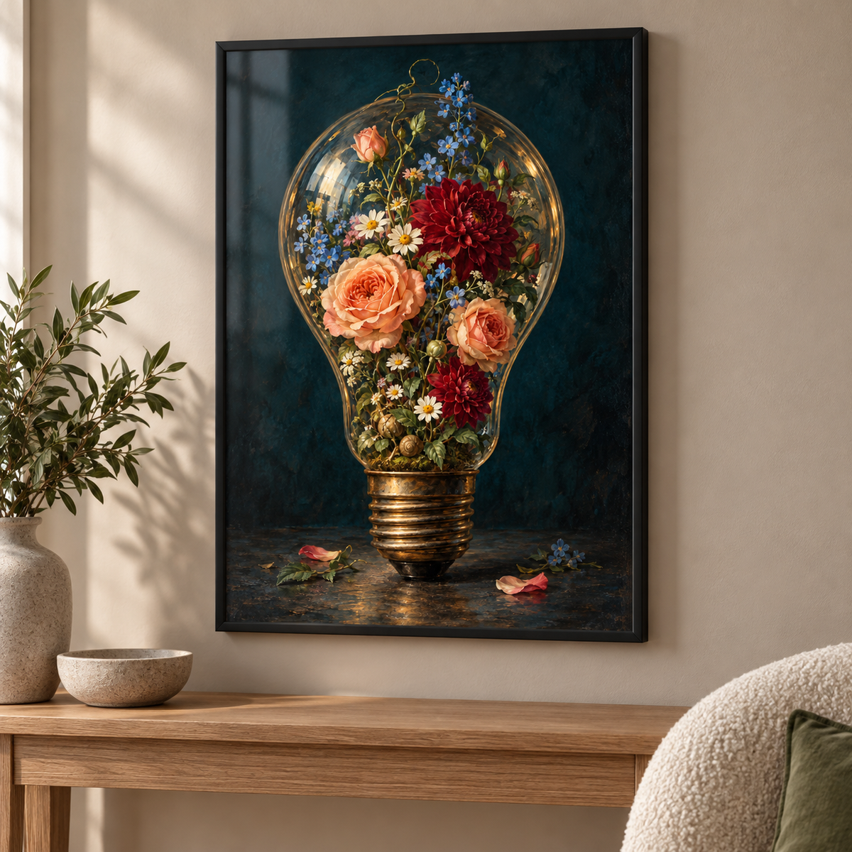 Bright Ideas – Floral Light Bulb Print — modern framed lifestyle mockup; frame not included