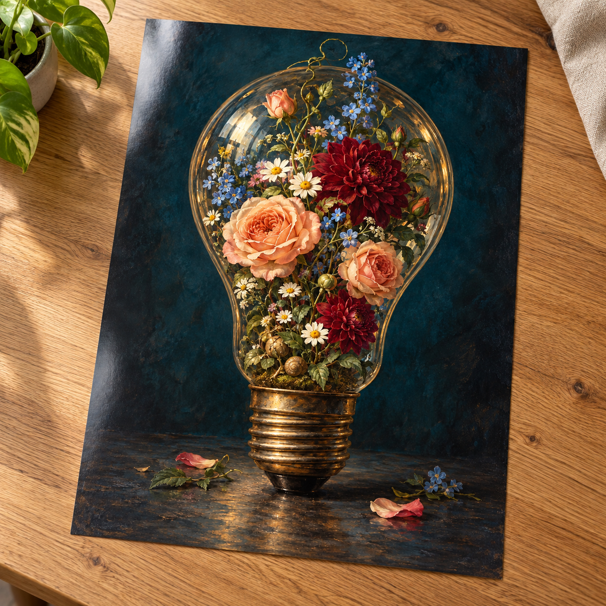 Bright Ideas – Floral Light Bulb Print — unframed glossy print on a wooden table