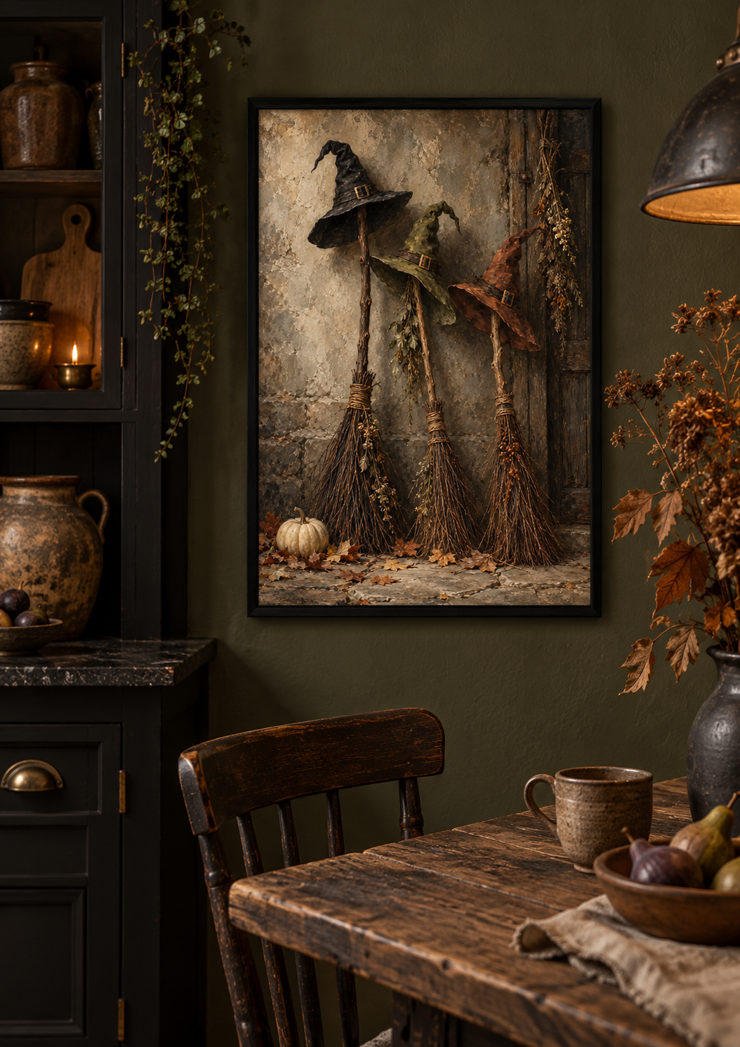 Brooms at Rest print framed in a dark gothic home