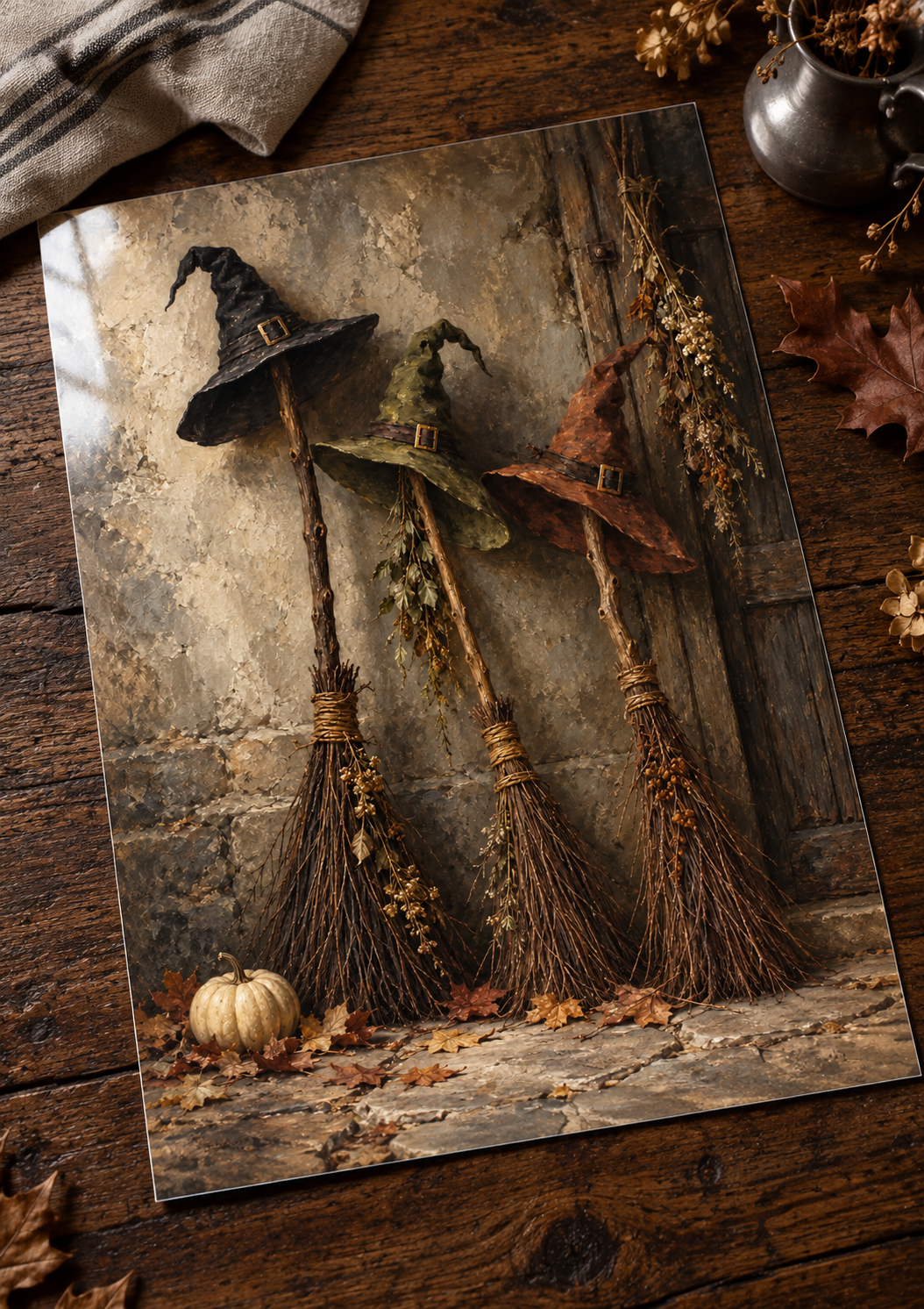Brooms at Rest unframed glossy photo print on a table